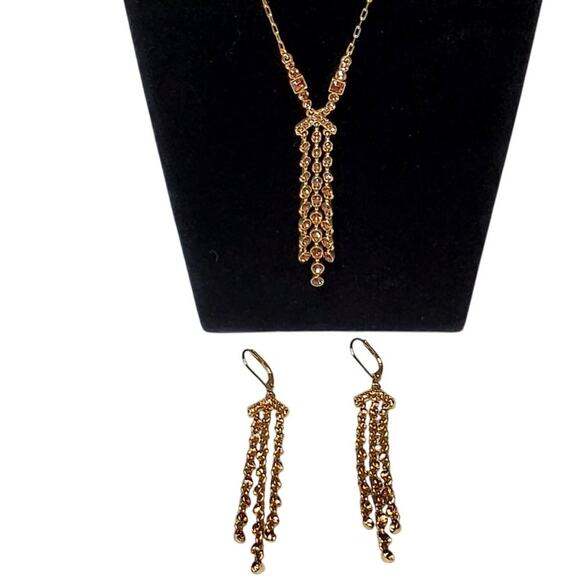 Gold Tone Brown Rhinestone Necklace Earring Set Unsigned 16" Elegant Vtg - Picture 5 of 11